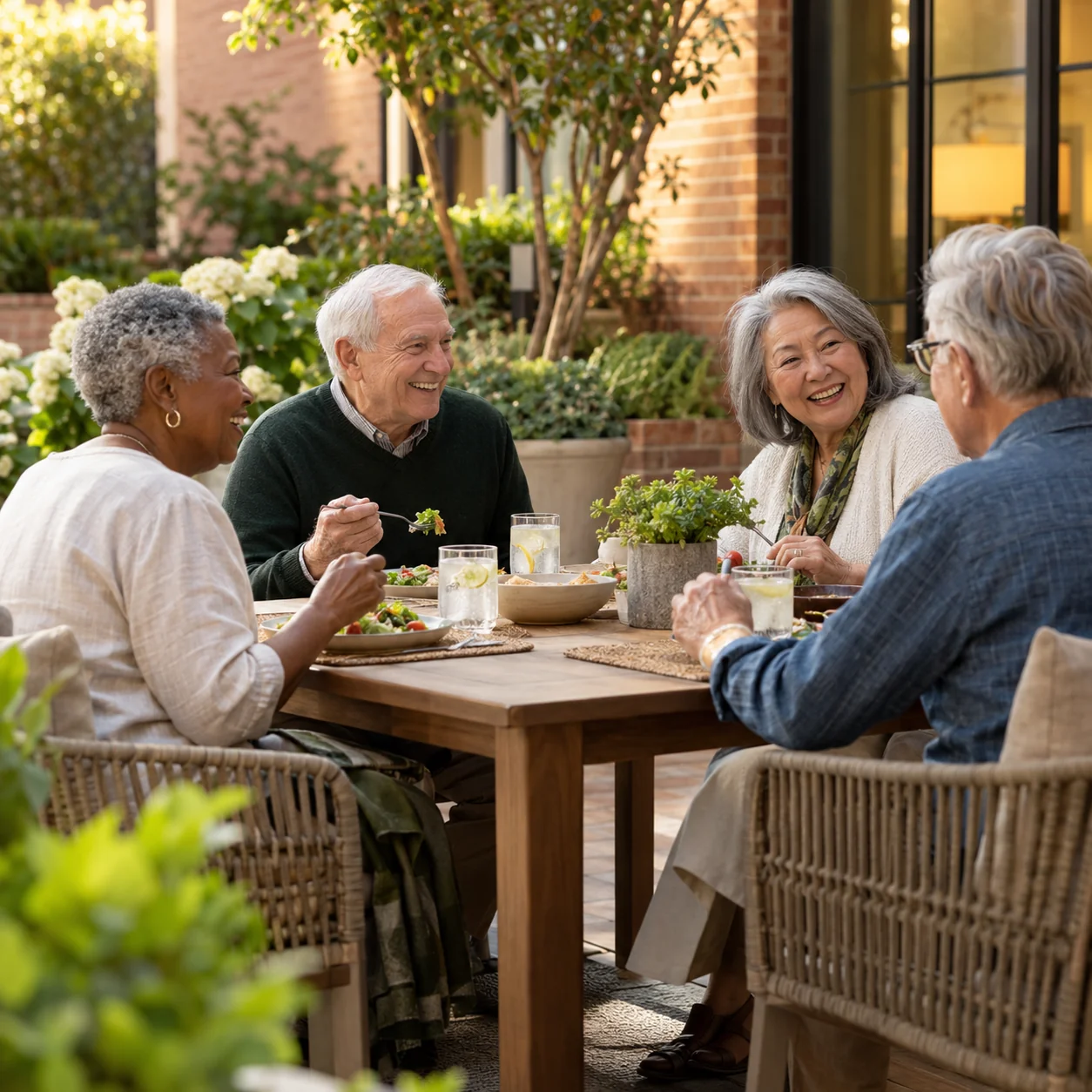 A small group of older adults shares an outdoor lunch on a community terrace with warm brick and lush planting