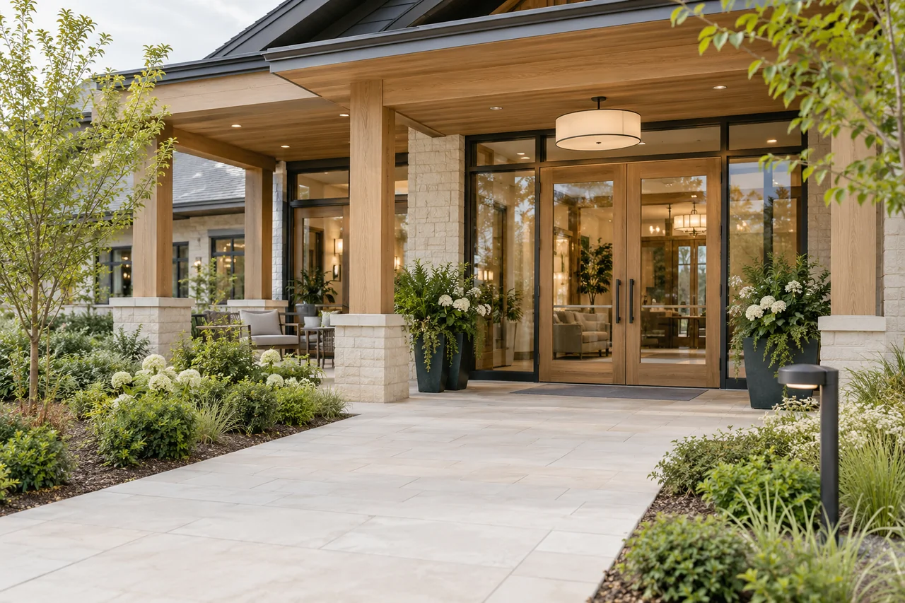 A modern senior living entrance with oak-framed glass doors and a wide paved path through low planting beds