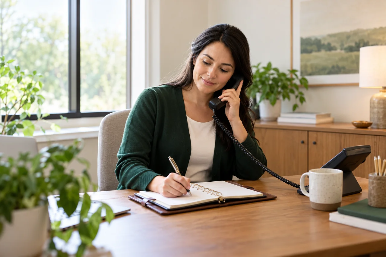 An admissions coordinator listens on a desk phone while noting a next call in a closed-ring planner, bright corner office with a small oak desk