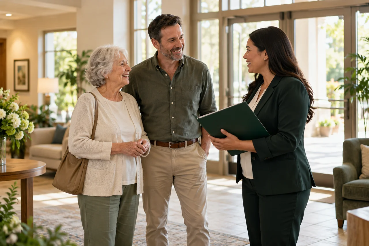 An older woman and her adult son meet a staff member at a bright community entrance, relaxed conversation with a plain welcome folder