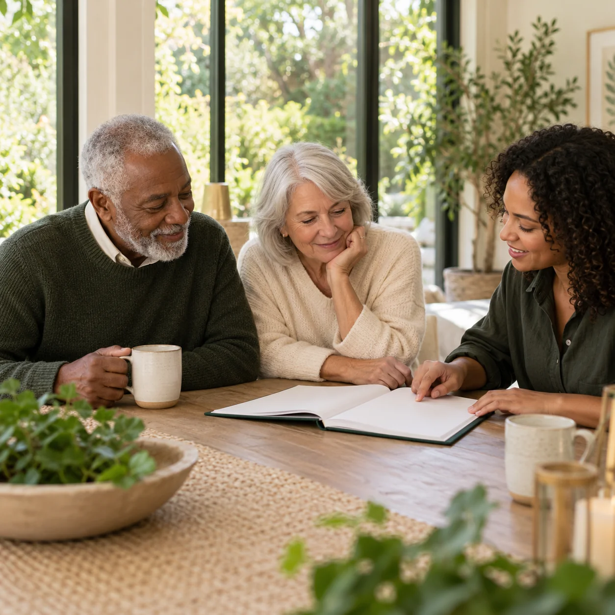 An older couple and their adult daughter review a blank visit planner on a garden-room table