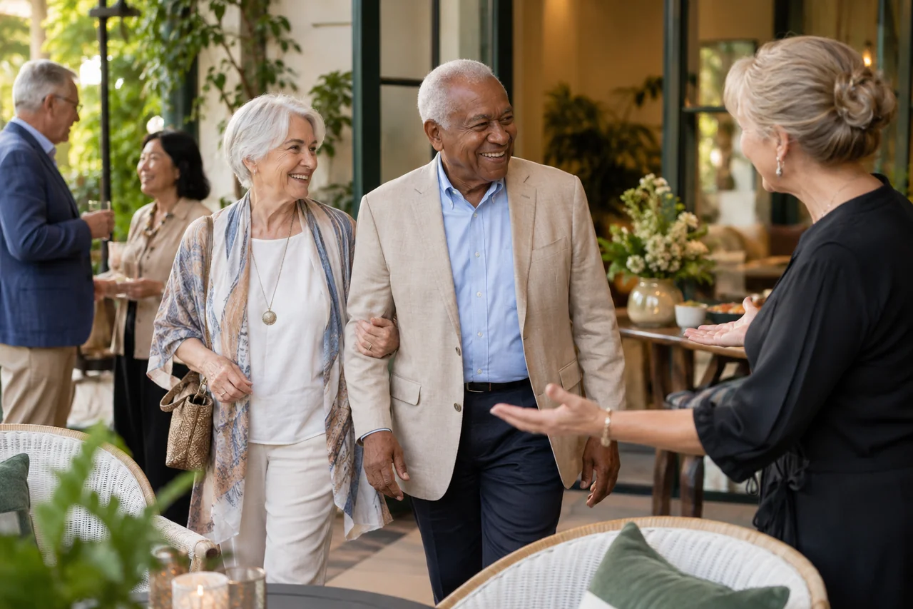 An older couple arrives at a community social gathering on a shaded patio, calm friendly scene