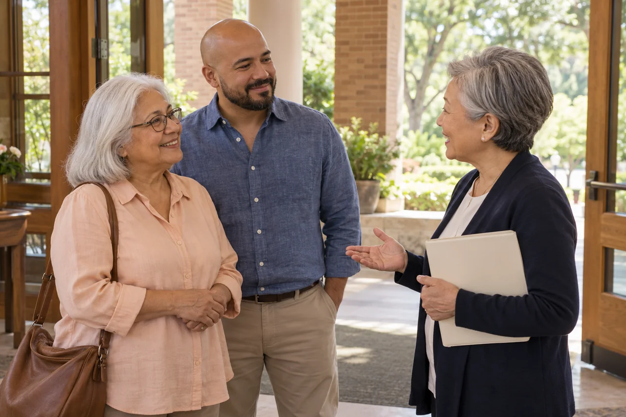 An older woman and her adult son meet a staff member at a bright community entrance, relaxed conversation with a plain welcome folder