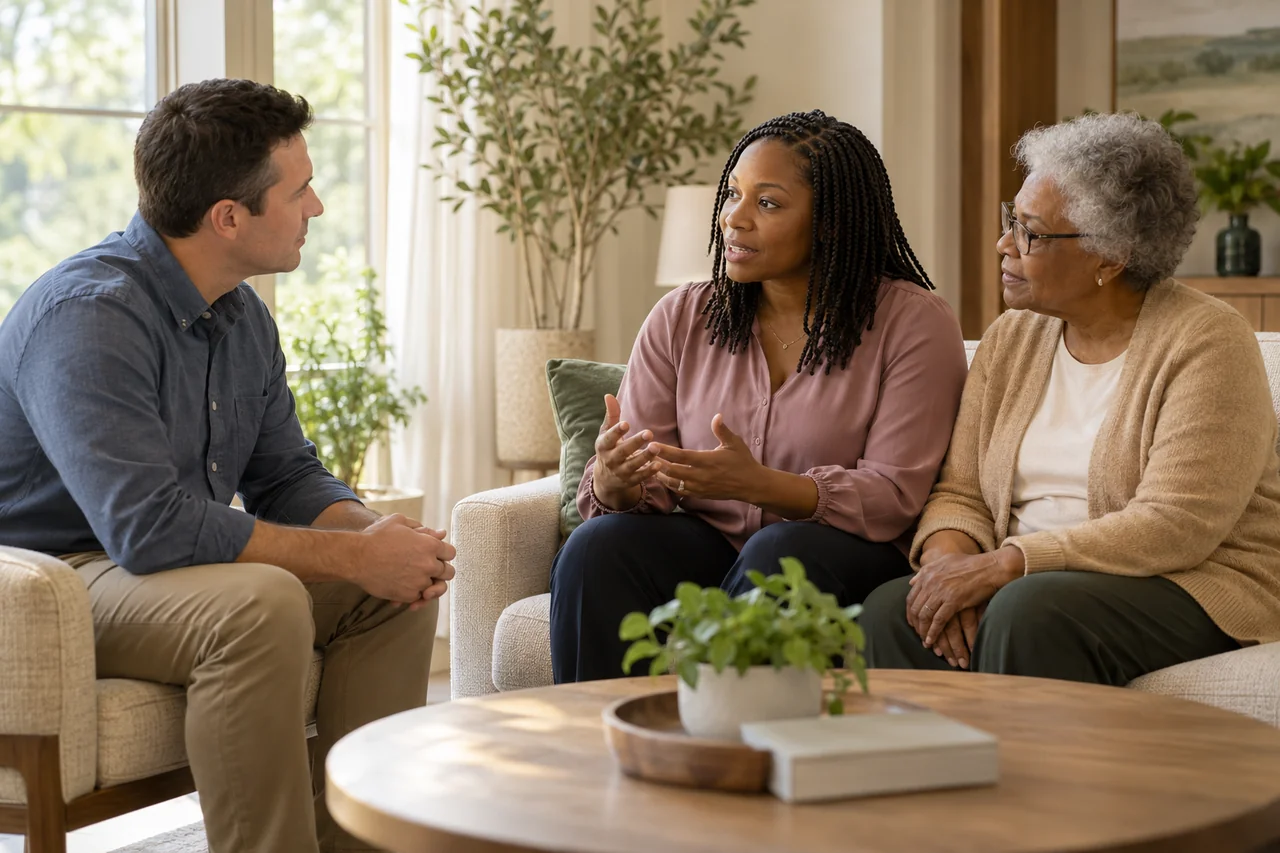 A community staff member listens to an adult daughter in a private seating nook while an older mother sits comfortably beside her