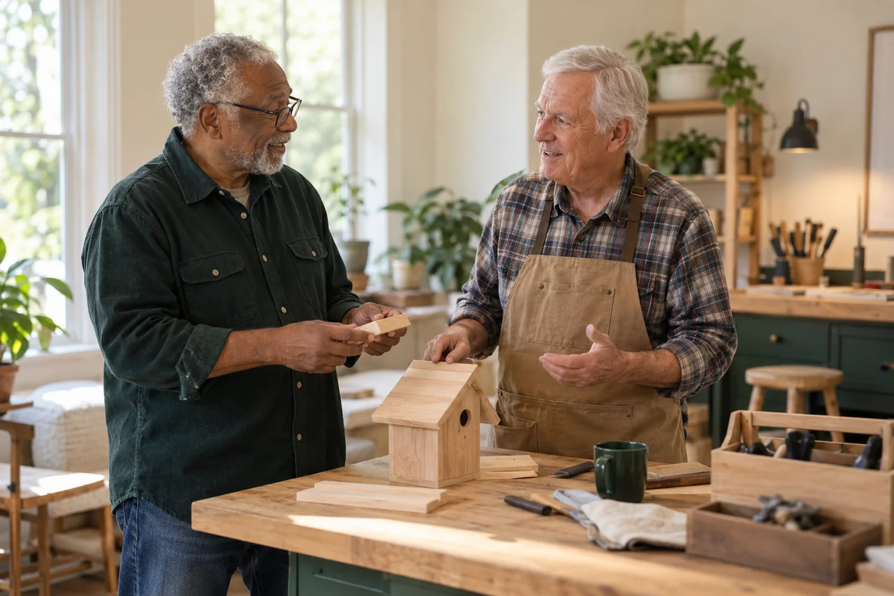Two older men talk while standing beside a community workshop table with a small wooden craft project