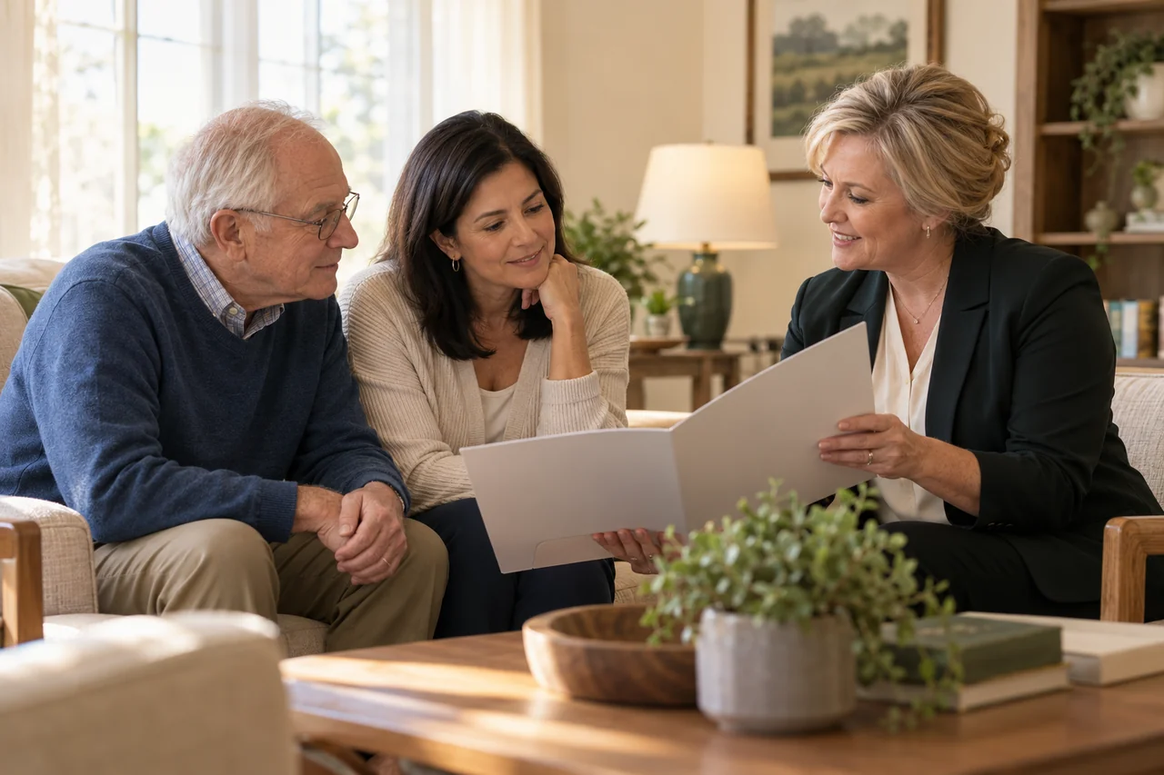 An older parent and adult child review a blank visit folder with a nursing home host in a quiet room