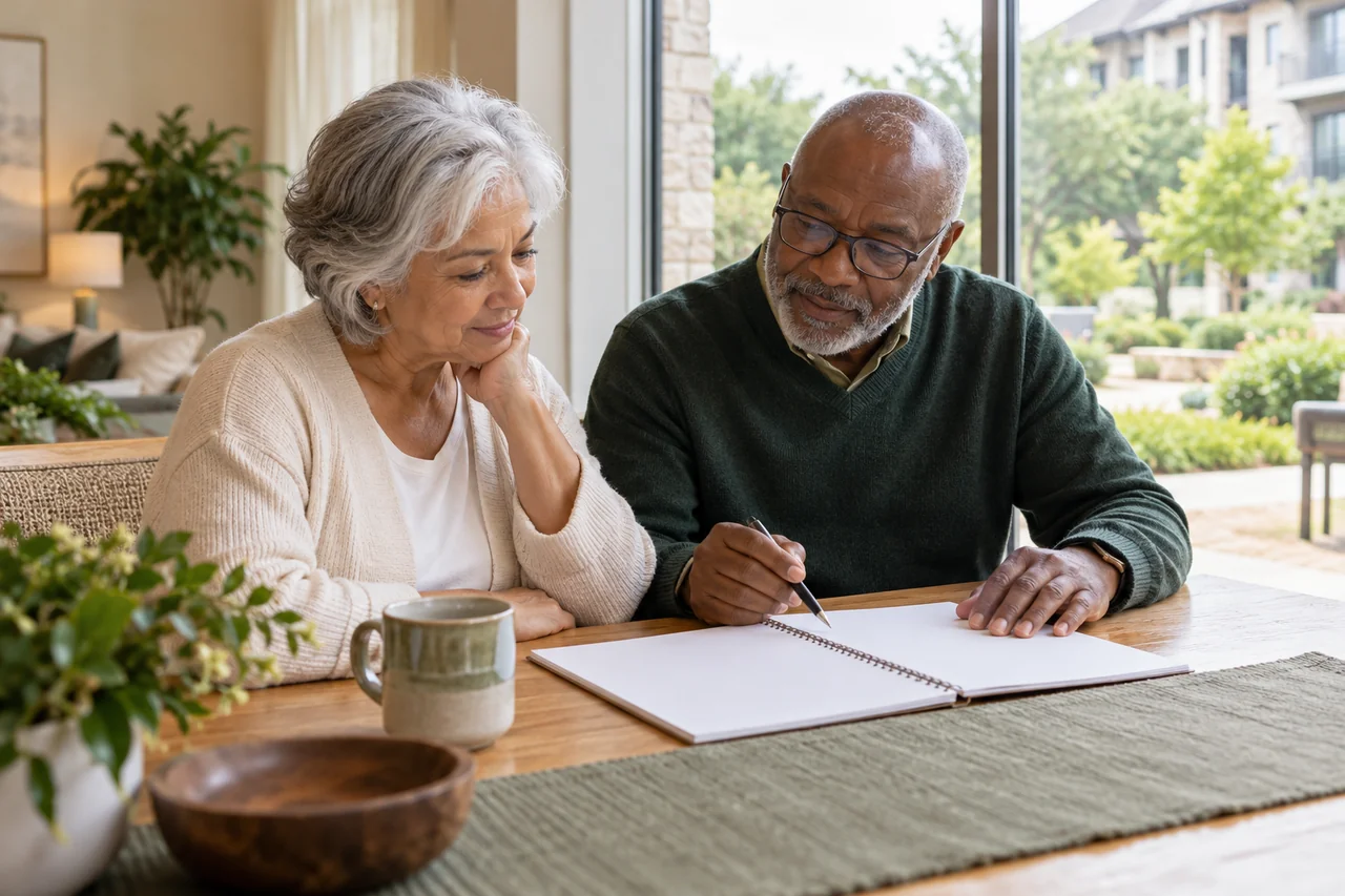 An older couple reviews a blank visit planner beside a large window overlooking a community courtyard