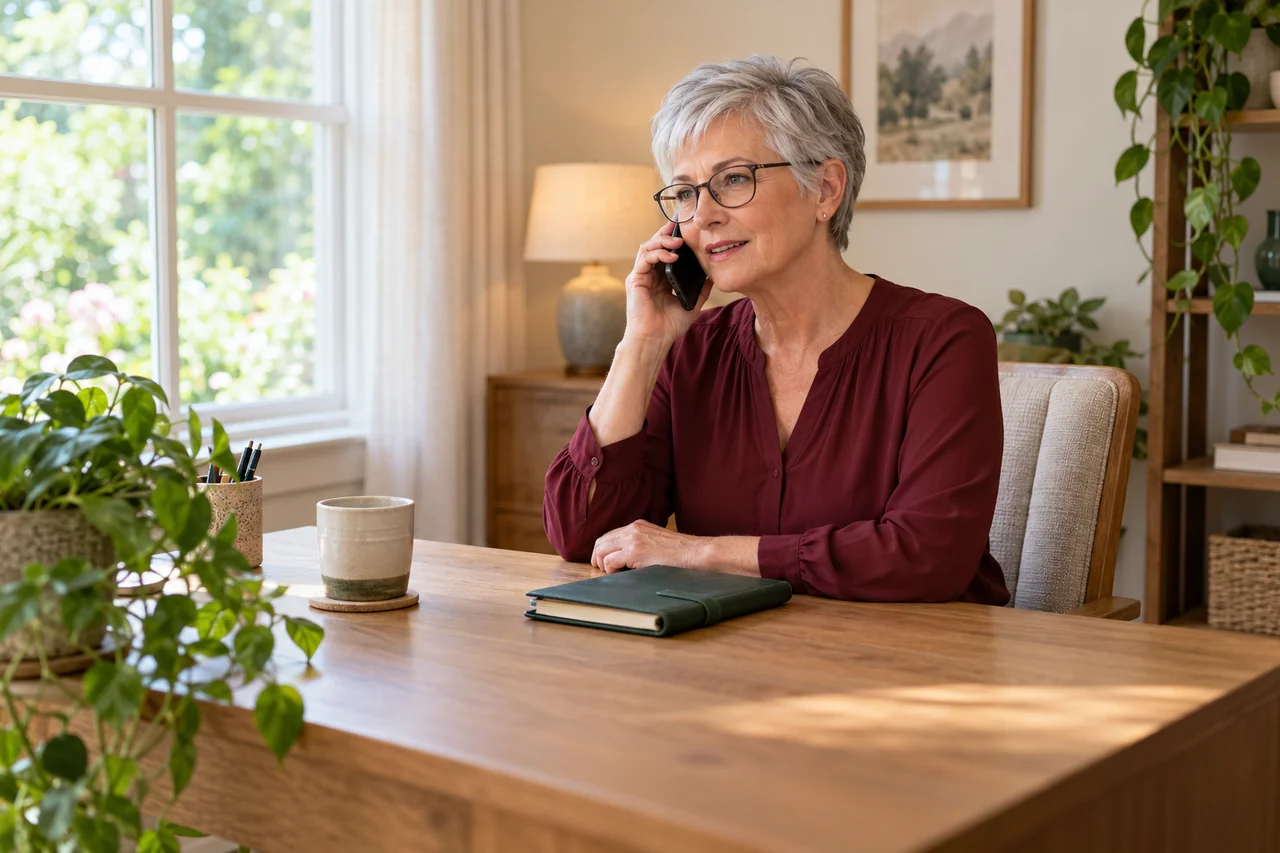 A home care office coordinator listens on the phone at a small oak desk with a closed visit planner