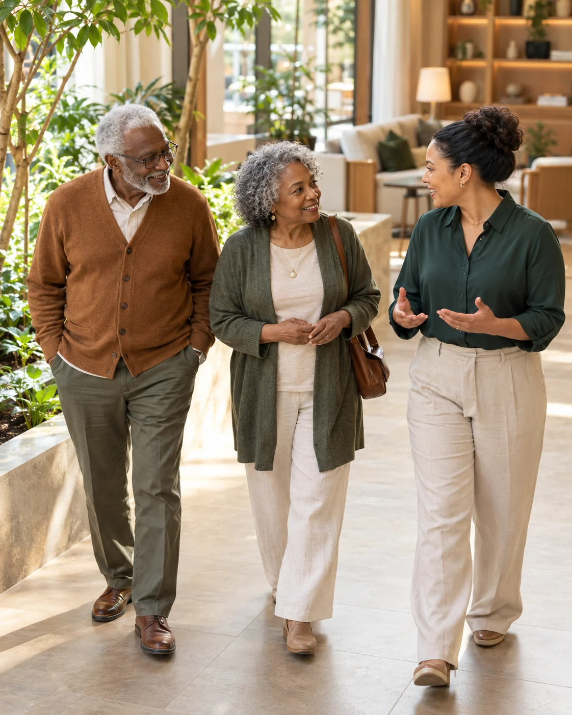 An older couple walks with a community host beside an indoor garden, all three engaged in a natural conversation