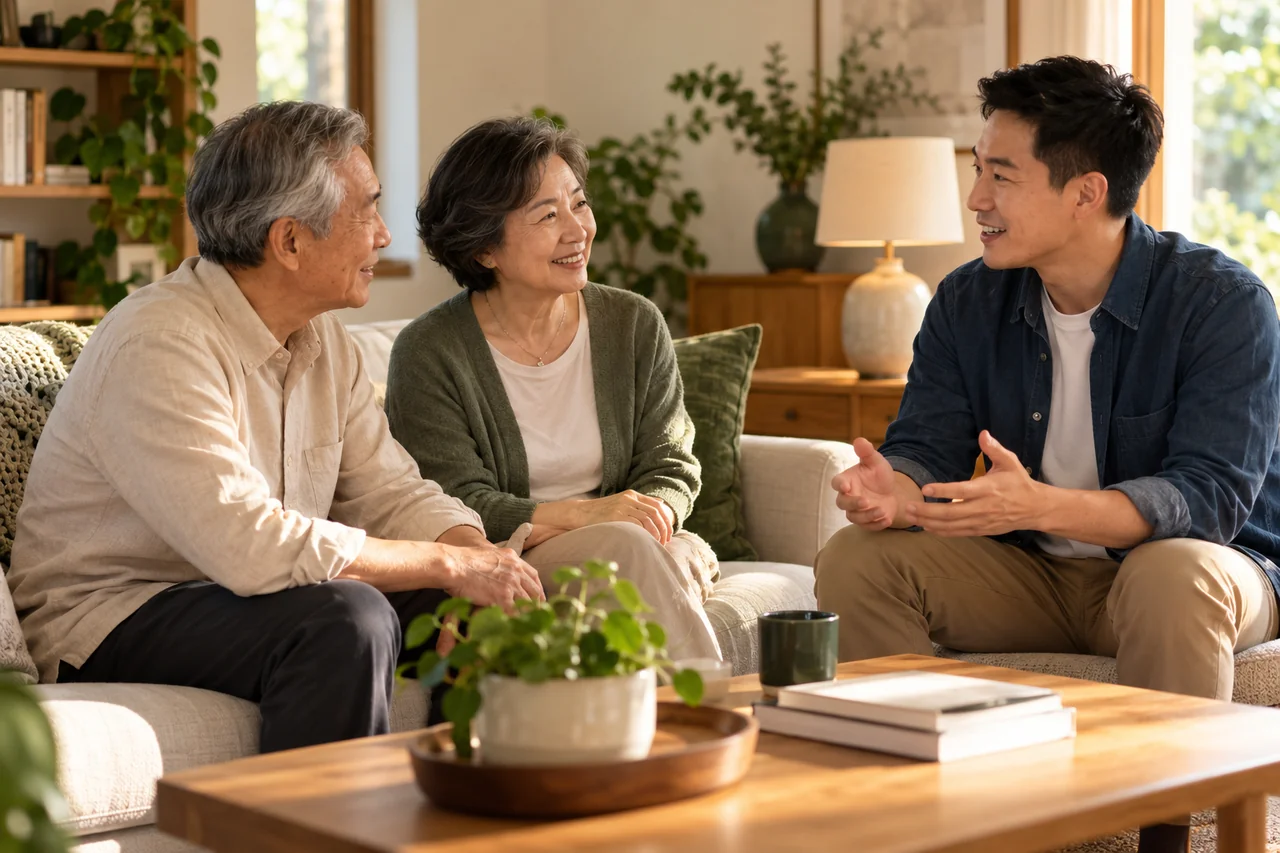 An older couple sits with their adult son in a warm family living room, relaxed open conversation