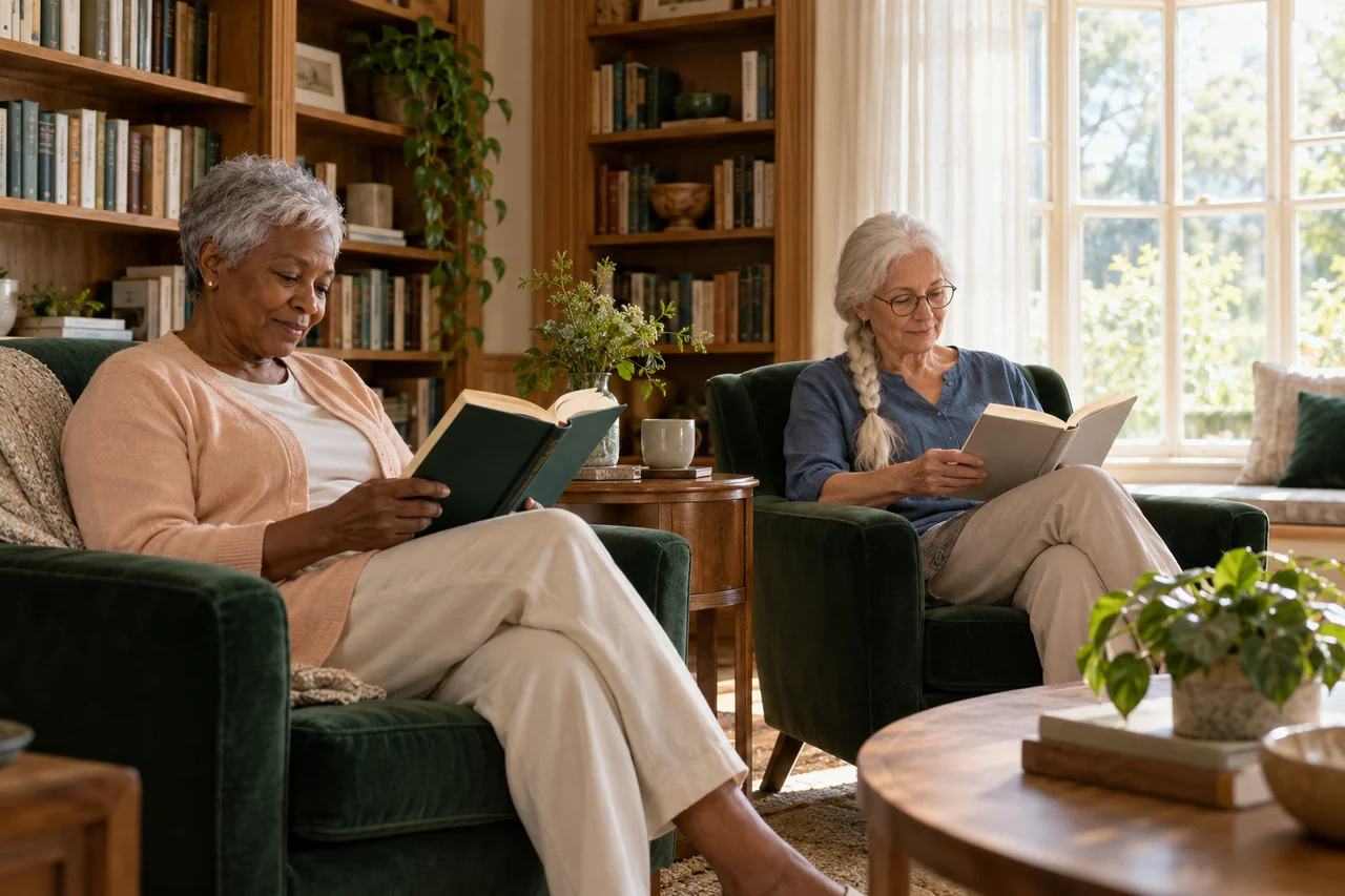 An older woman and her friend enjoy reading in a quiet community library beside a window
