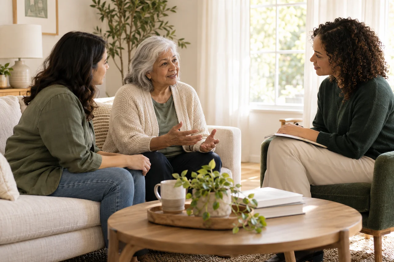 A community host listens to an older woman and her adult daughter during an early planning visit
