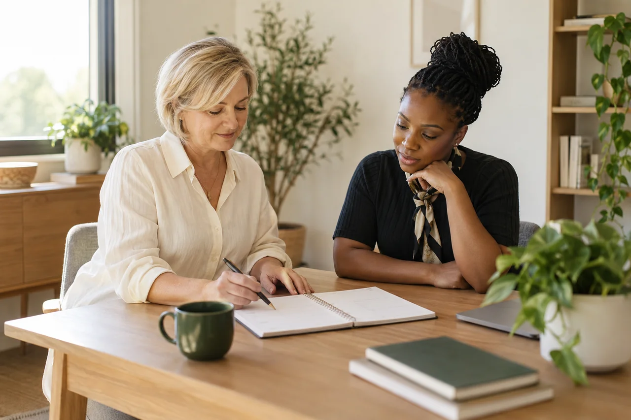 A home care team leader and a colleague review a blank weekly planner in a modest bright office