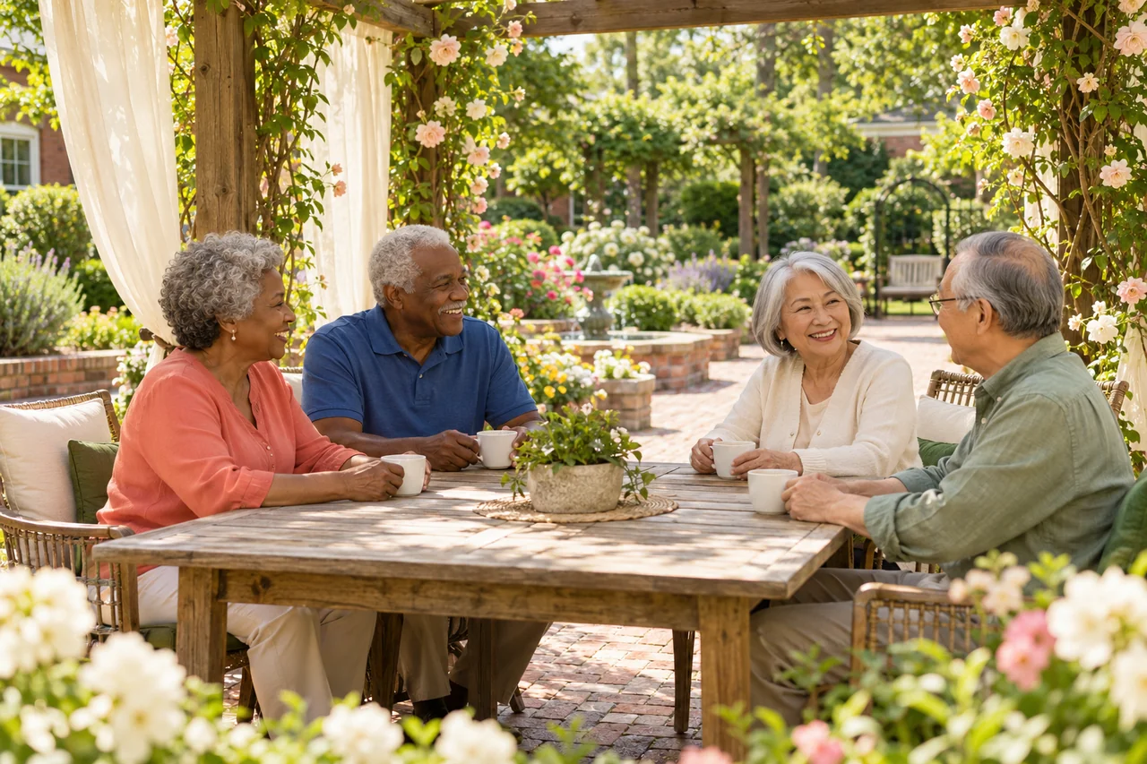 Two older couples enjoy coffee under a timber pergola in a senior living garden