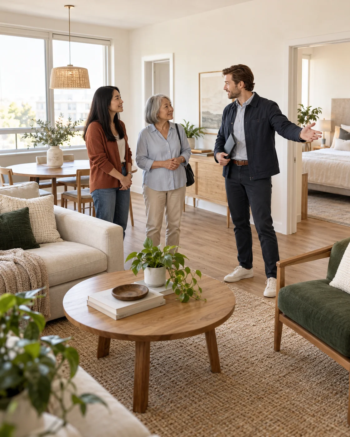A community host shows an older woman and her daughter a cozy apartment living area, broad view of the room and furniture