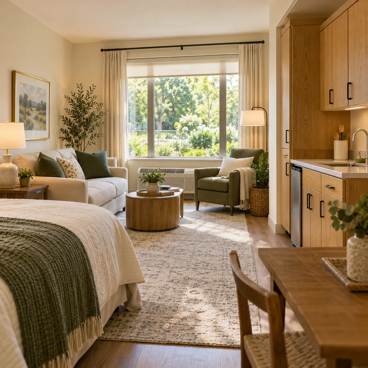 A bright vacant senior living studio with an oak kitchenette, linen sofa, armchair and a broad garden-facing window