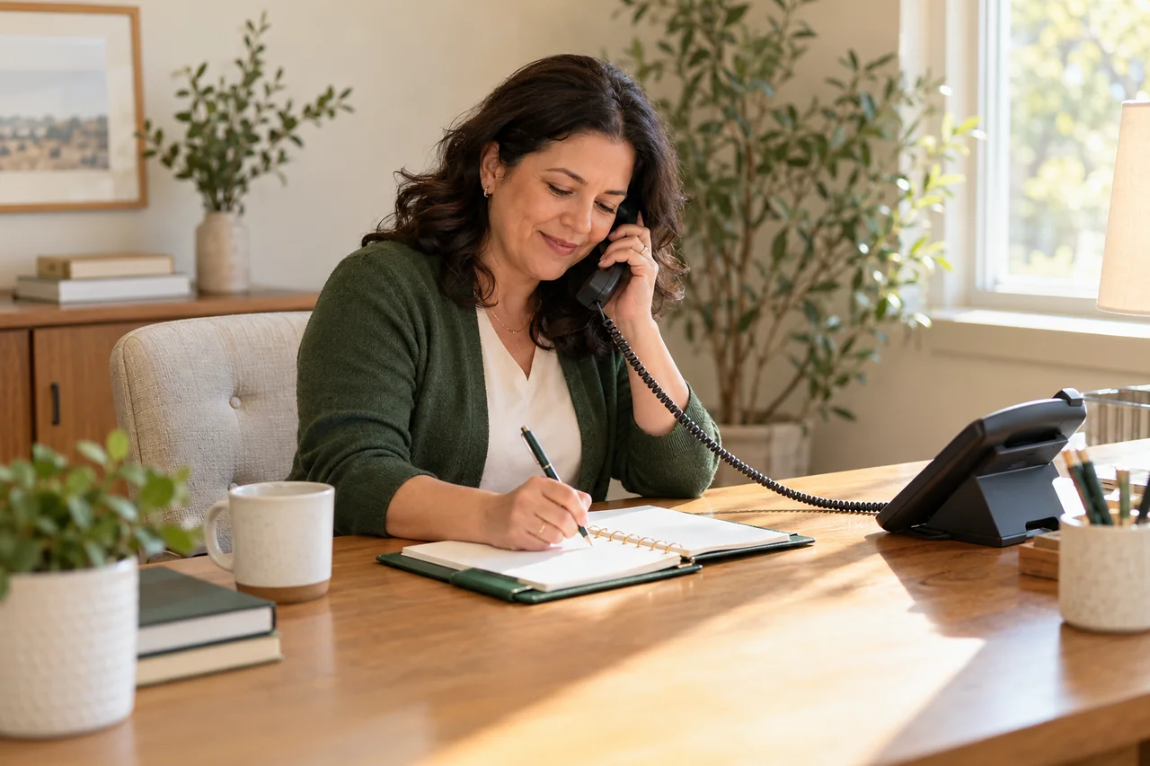 An admissions coordinator listens on a desk phone while noting a next call in a closed-ring planner, bright corner office with a small oak desk