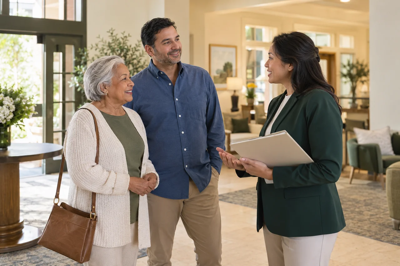An older woman and her adult son meet a staff member at a bright community entrance, relaxed conversation with a plain welcome folder