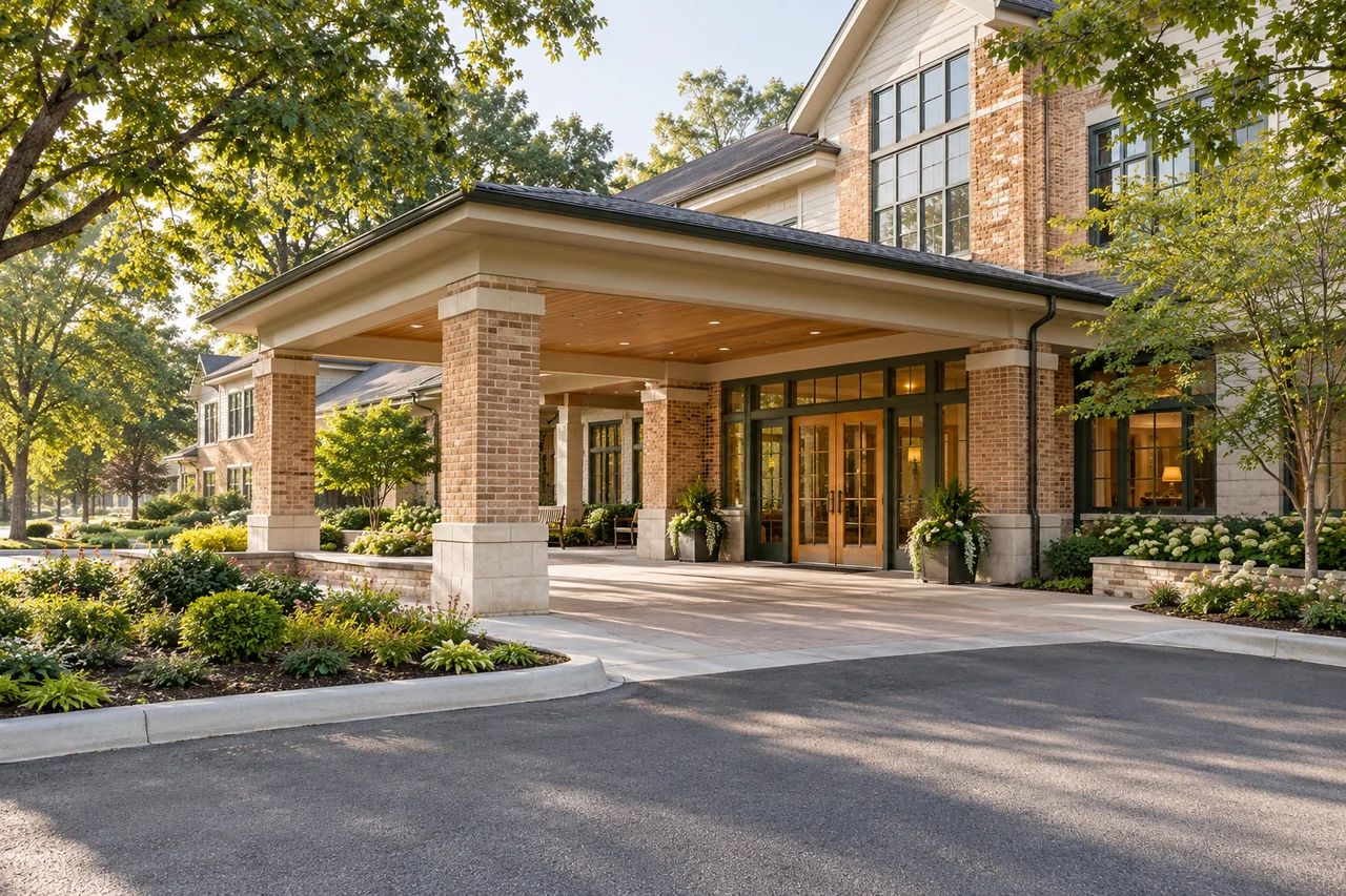 A welcoming senior living entrance with warm brick, a broad sheltered drop-off, planters and a clear accessible walkway