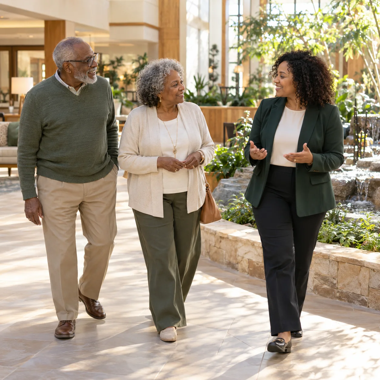 An older couple walks with a community host beside an indoor garden, all three engaged in a natural conversation