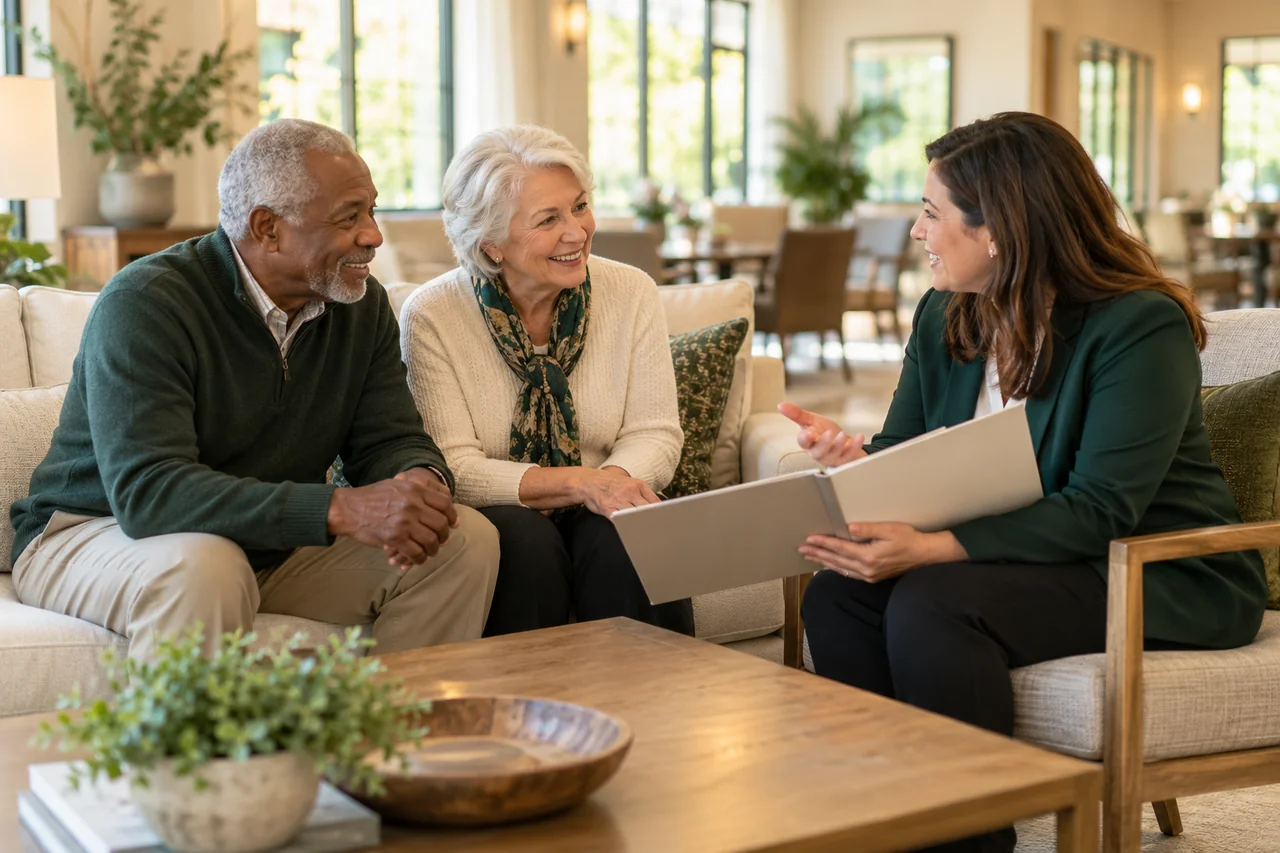 An older couple discusses a future move with a community host in a bright campus lounge, plain planning folder on the table