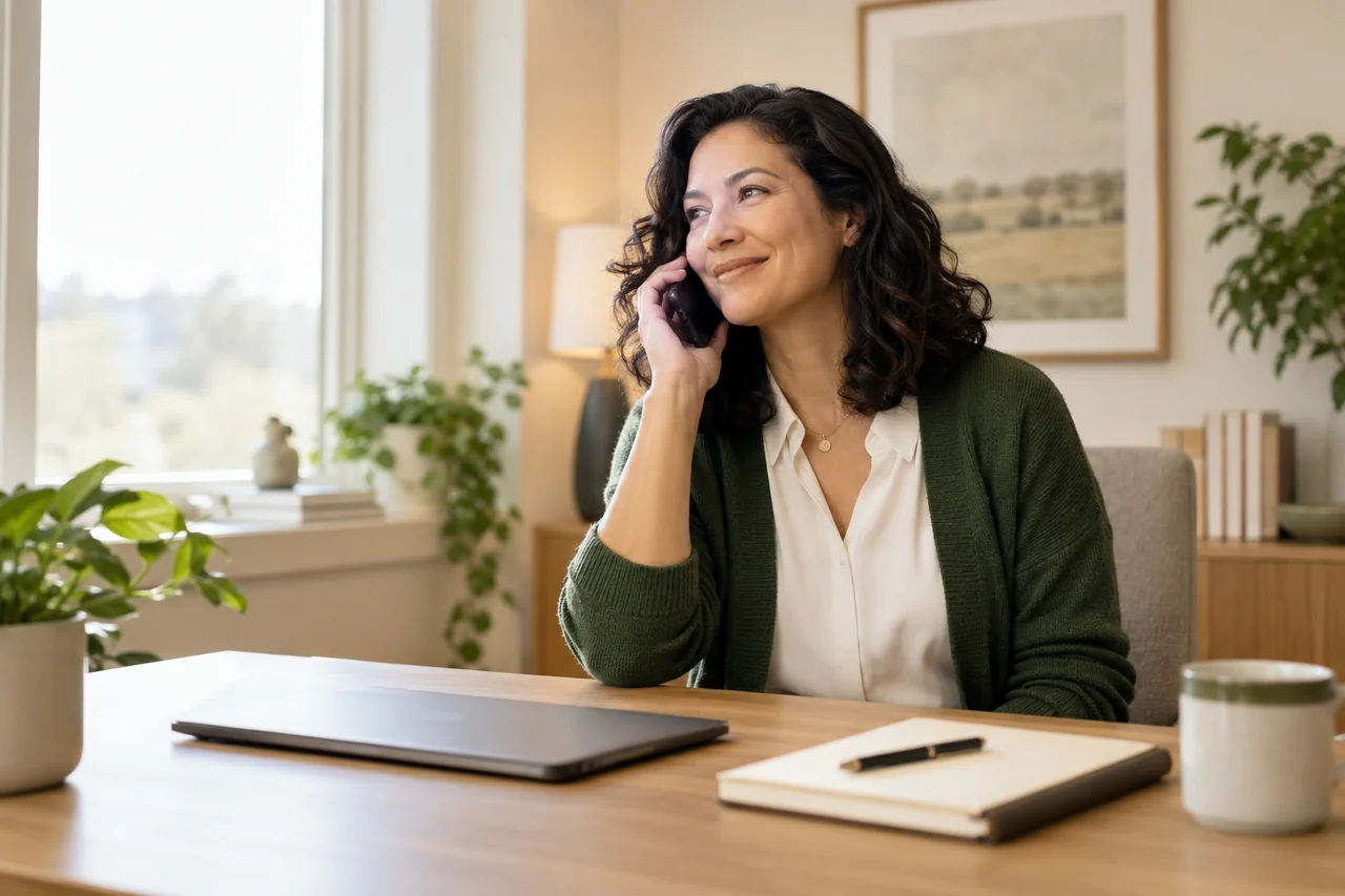 A community manager finishes a warm phone call in a calm office, with a closed laptop and notebook on the desk