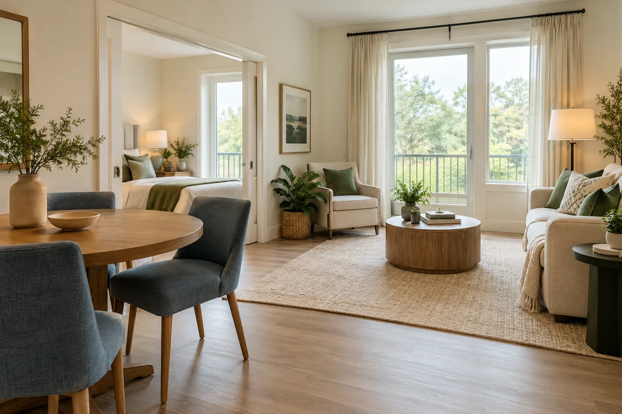 An empty accessible apartment living room with a small dining table, blue-gray linen chairs and a broad open doorway