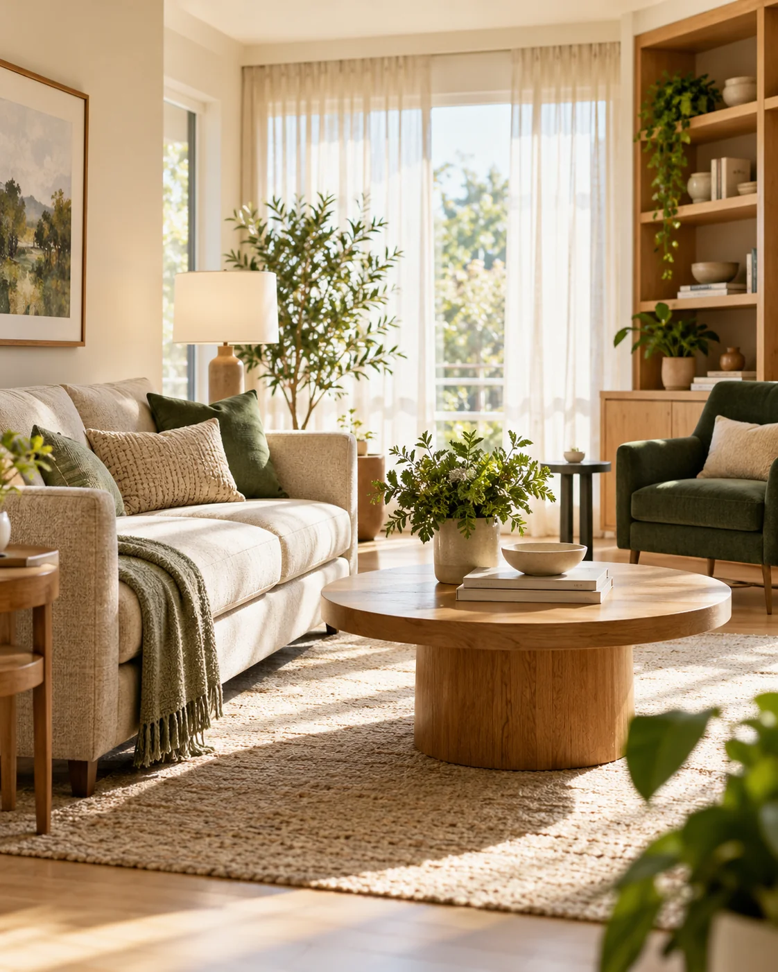 A sunlit senior apartment sitting area with an oatmeal sofa, forest-green reading chair, low shelves and no people