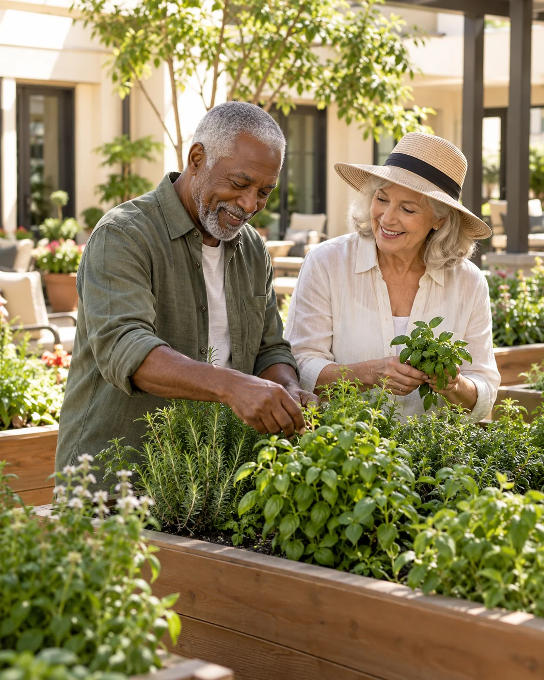 An older man and woman tend herbs in raised garden planters in a welcoming community courtyard