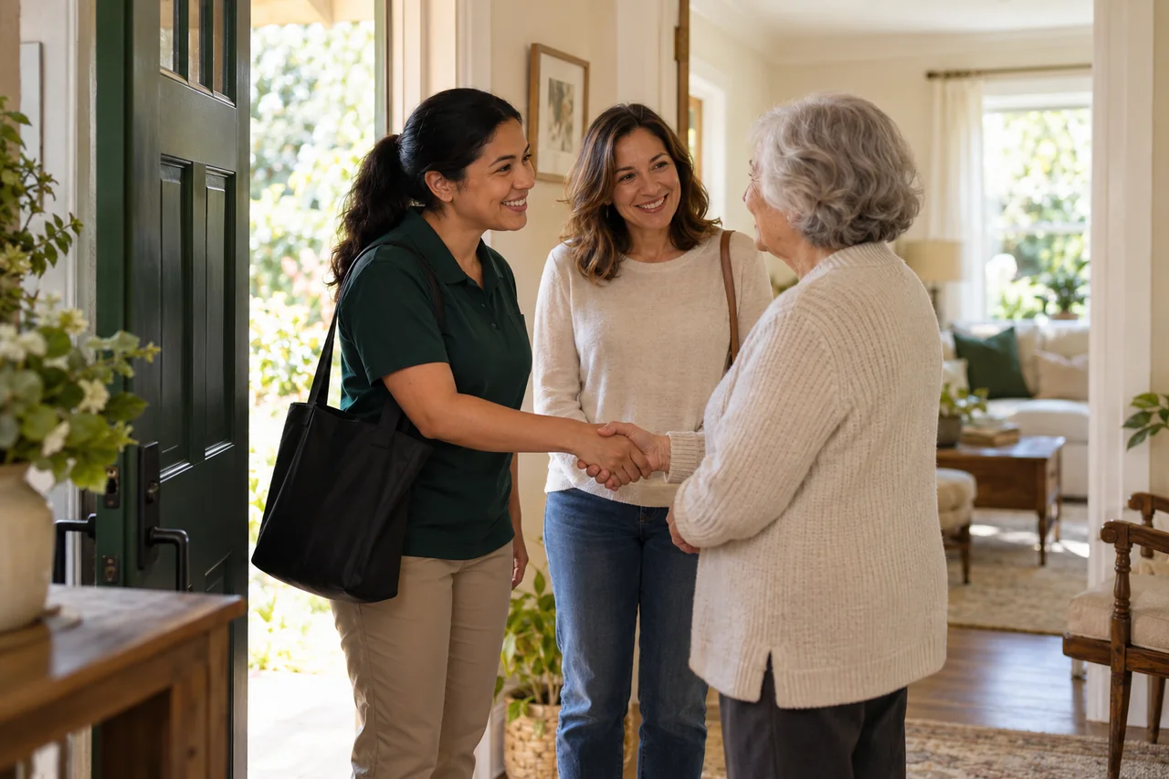 A home care worker greets an older woman and her adult daughter at the doorway of a warm private home