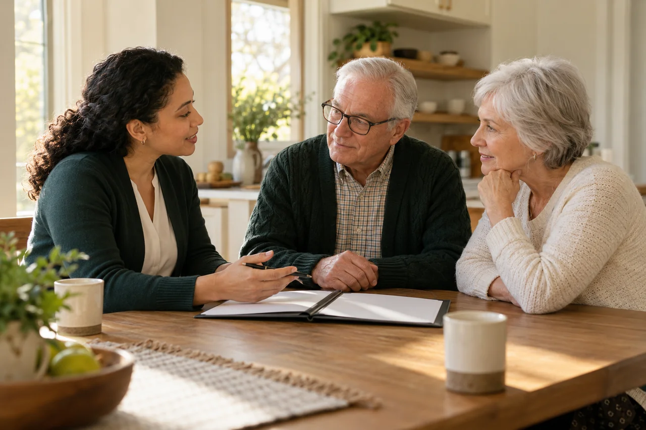 A home care coordinator talks with an older man and his spouse at their kitchen table, a plain folder between them