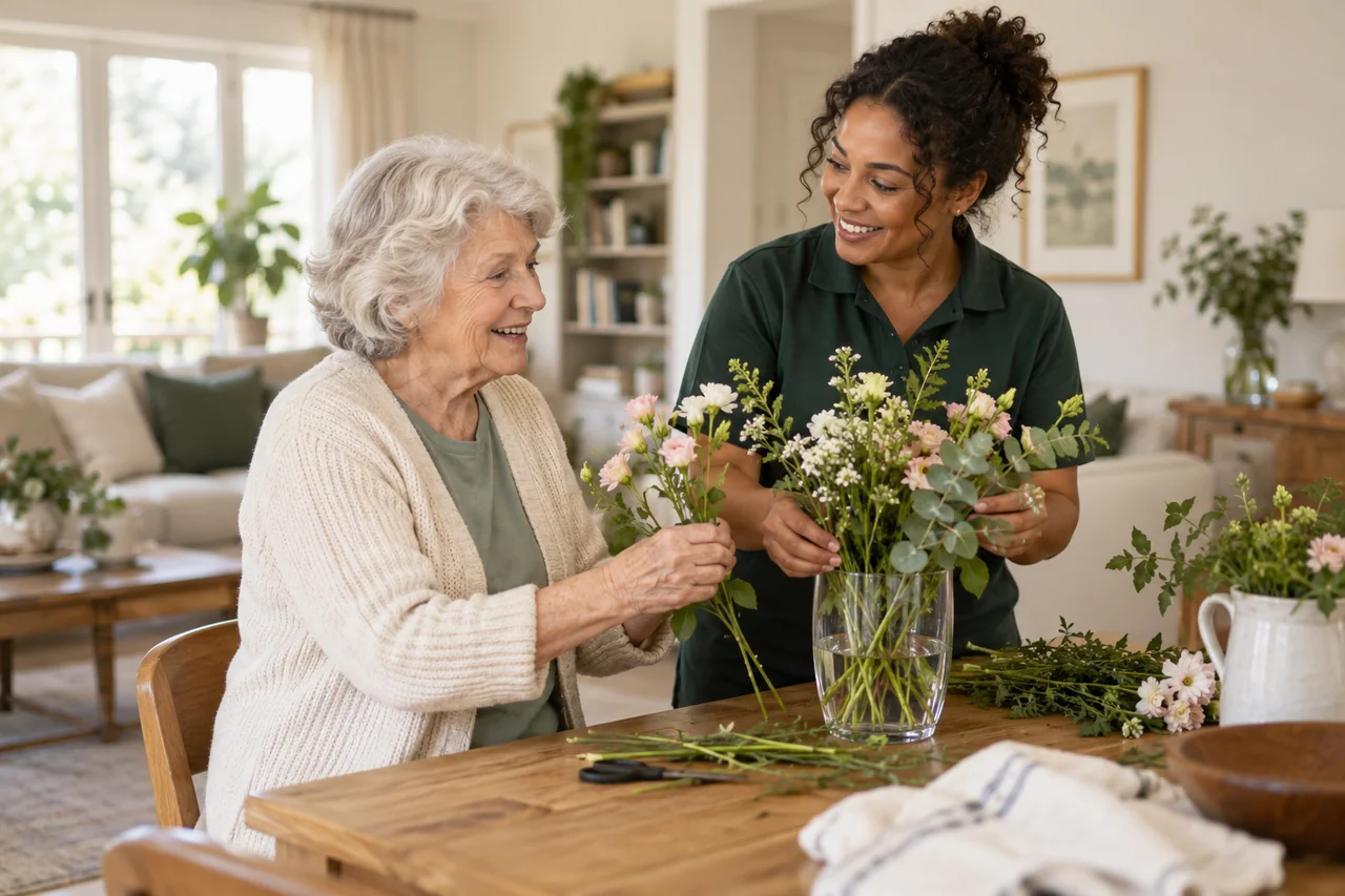 An older woman and a home care worker share a relaxed conversation while arranging flowers at home