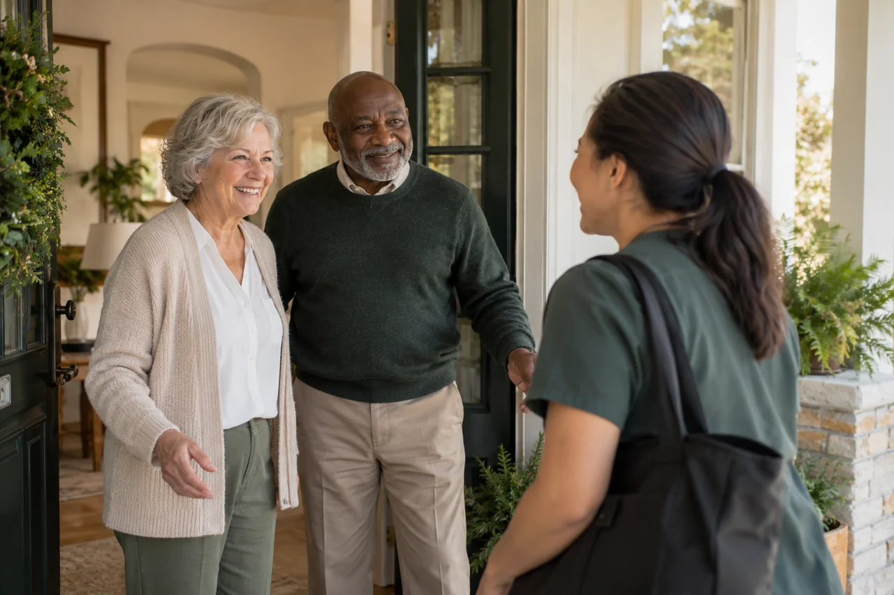 A caregiver arrives for a home visit as an older couple welcomes her from a covered front porch