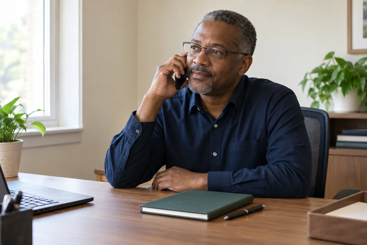 A home care office coordinator listens on the phone beside a closed visit planner