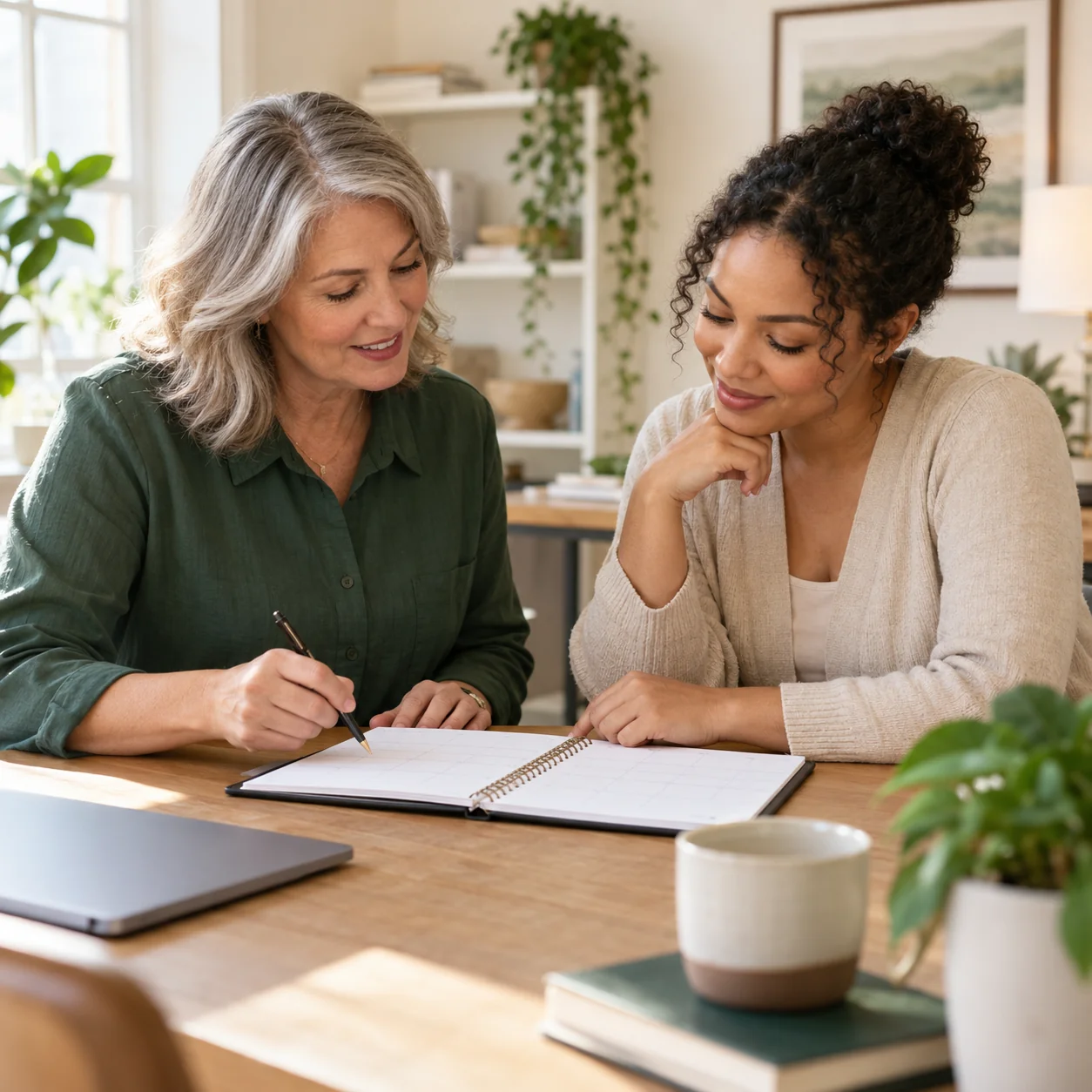 A home care team leader and a colleague review a blank weekly planner in a modest bright office