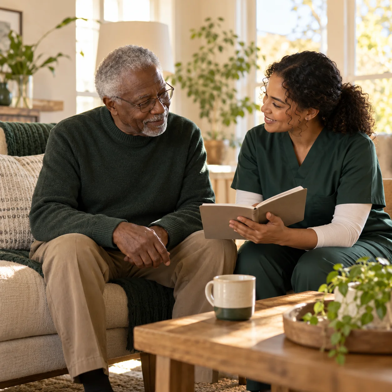 An older man and a home care worker discuss a simple daily plan in a sunlit living room