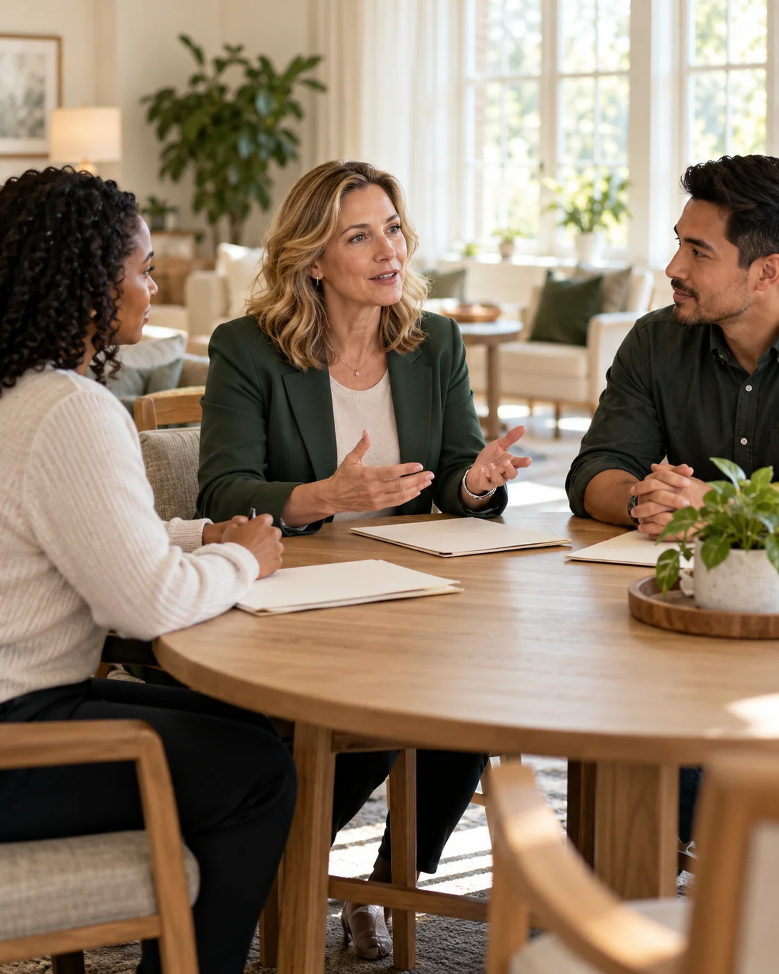 A community sales trainer and two staff members practice a tour conversation around a round table with plain folders