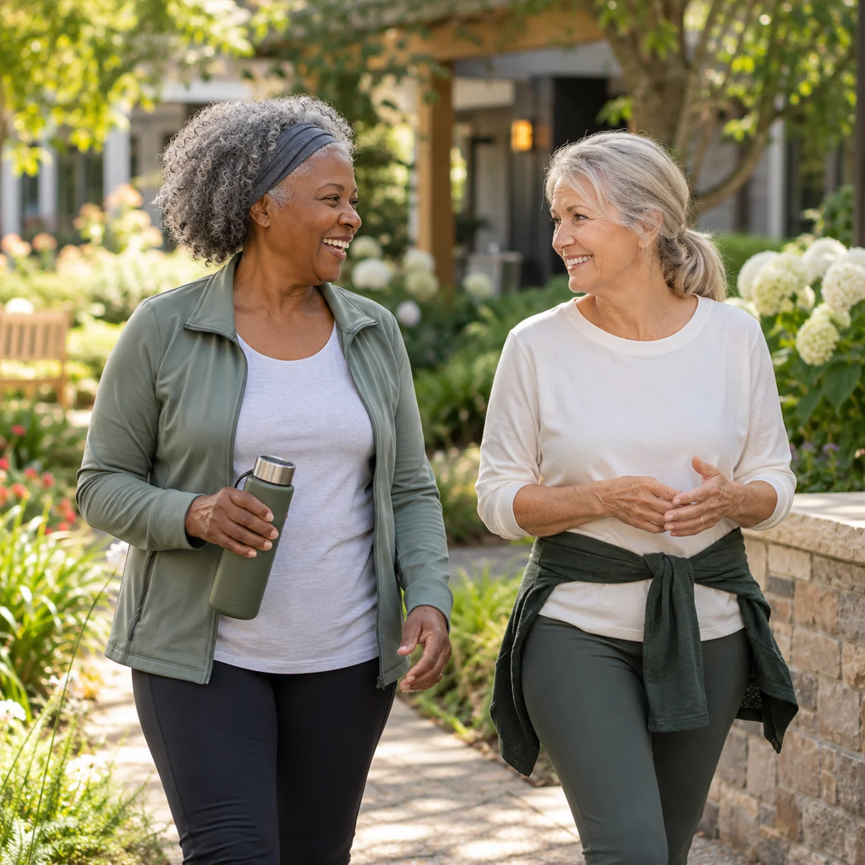 Two active older women enjoy a relaxed conversation after a community walking group, landscaped garden path and warm daylight