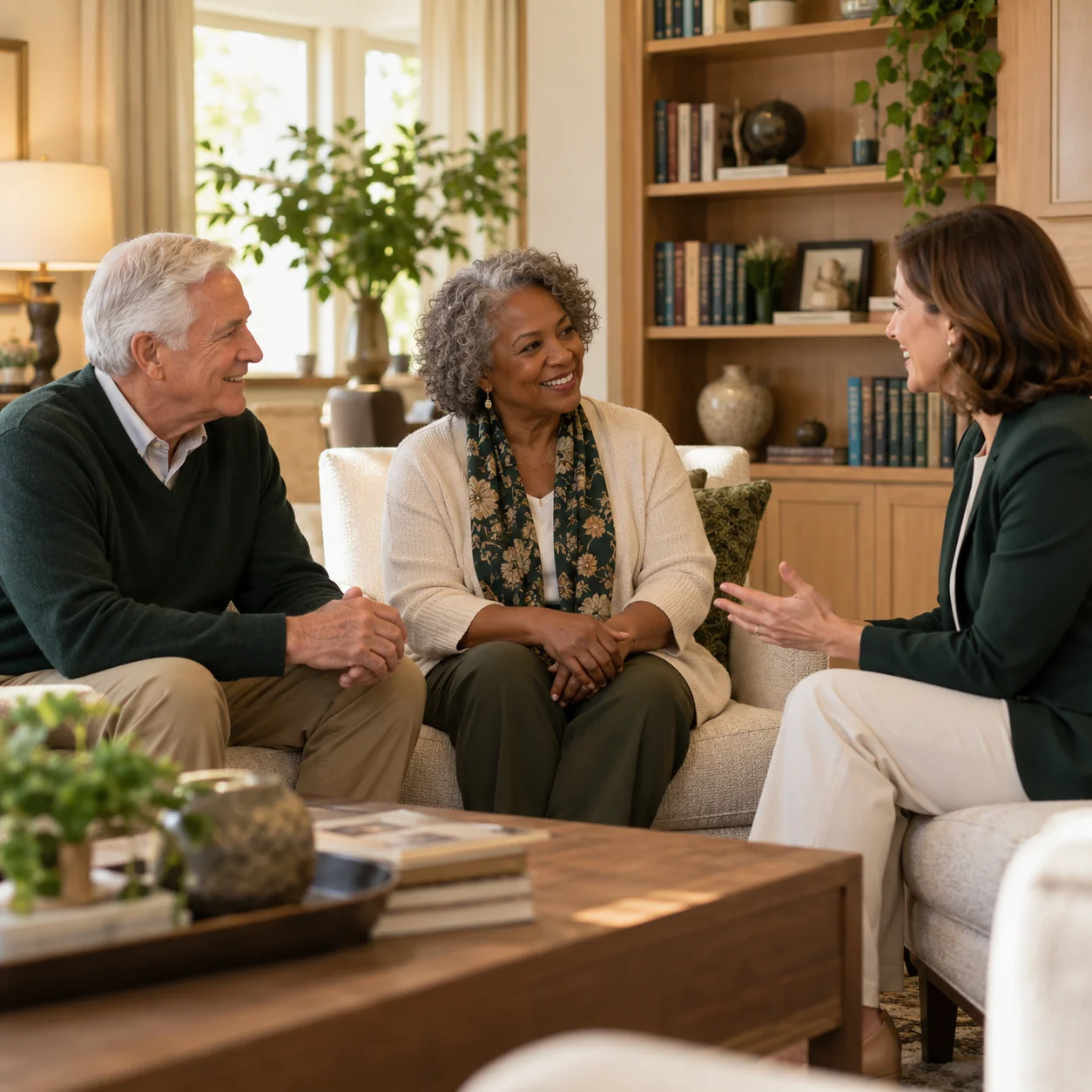 An older couple talks with a community host beside a library bookshelf, confident relaxed expressions