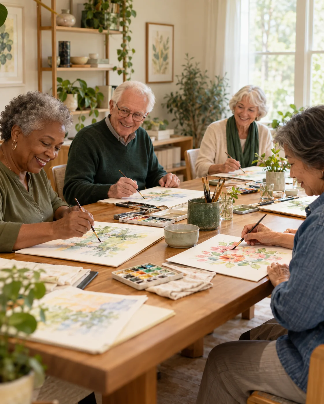 A small group of older adults works on watercolor paintings in a bright community art room