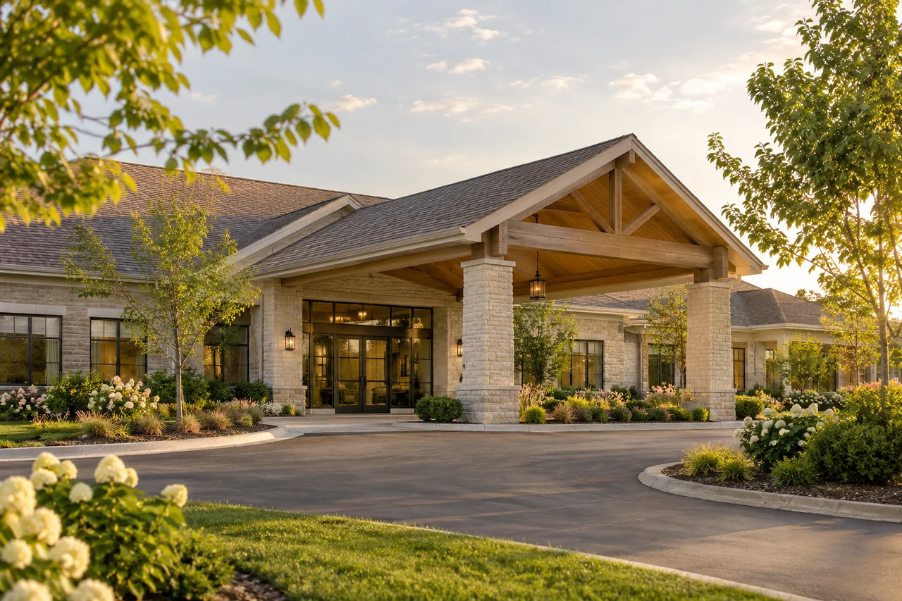 A one-story senior living community with pale stone walls, pitched roof and a generous covered entrance, quiet landscaped grounds