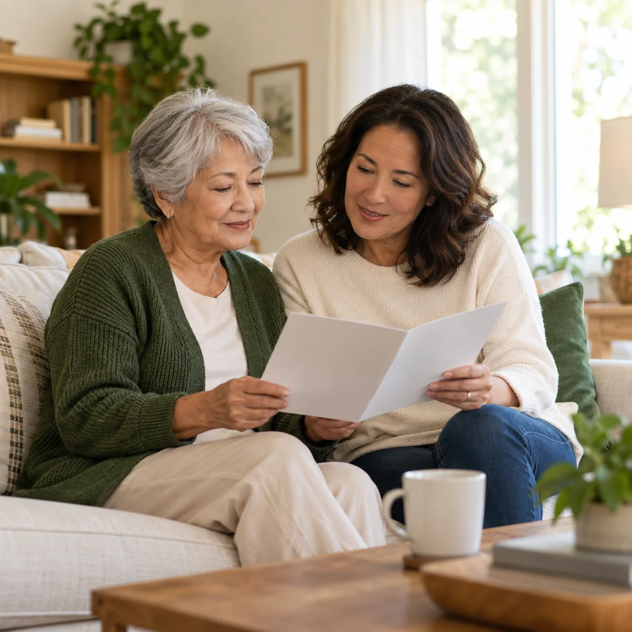 An older woman and her adult daughter sit together in a bright home living room looking at a plain community brochure