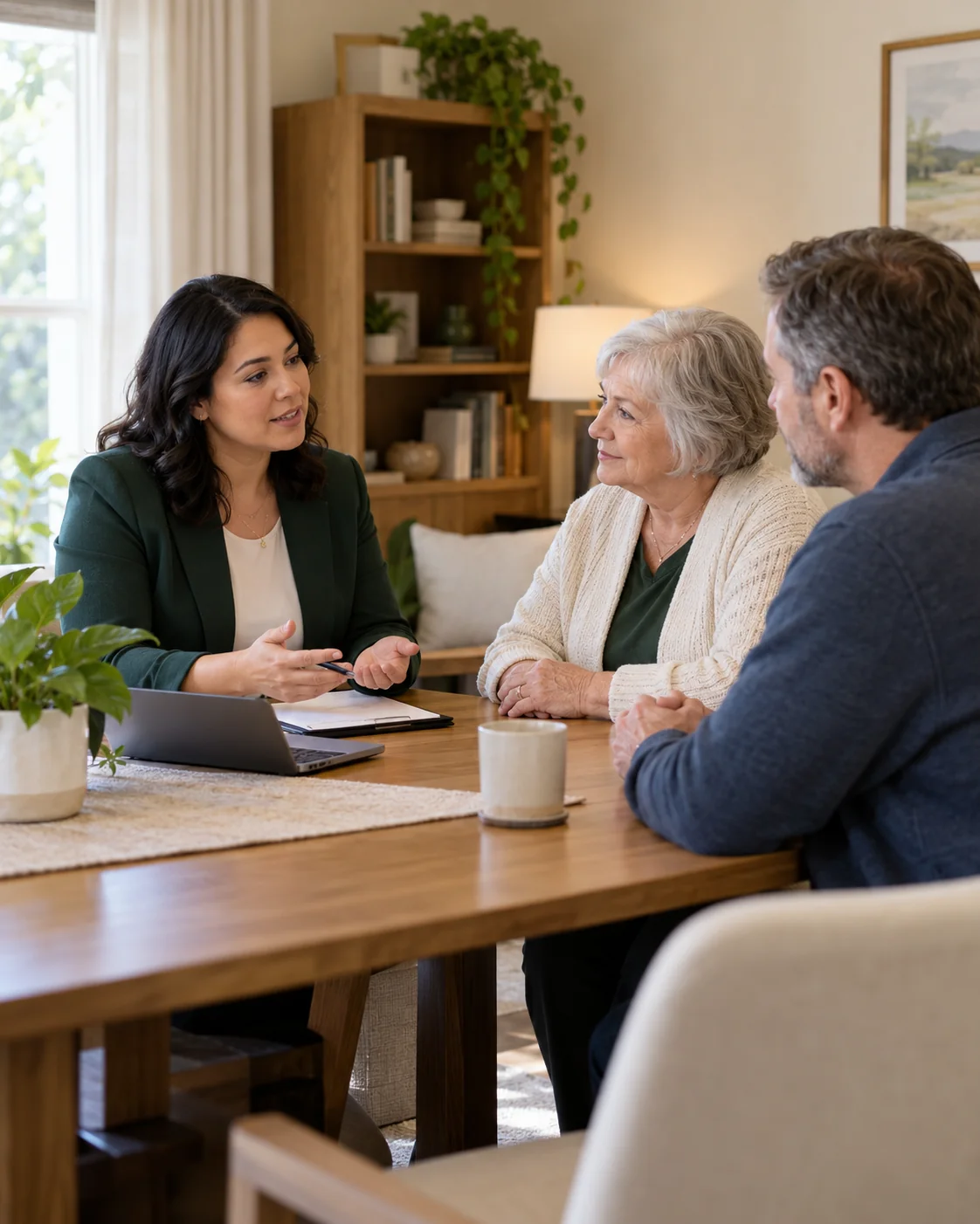 A nursing home admissions coordinator talks calmly with an older woman and her adult son in a private family meeting room