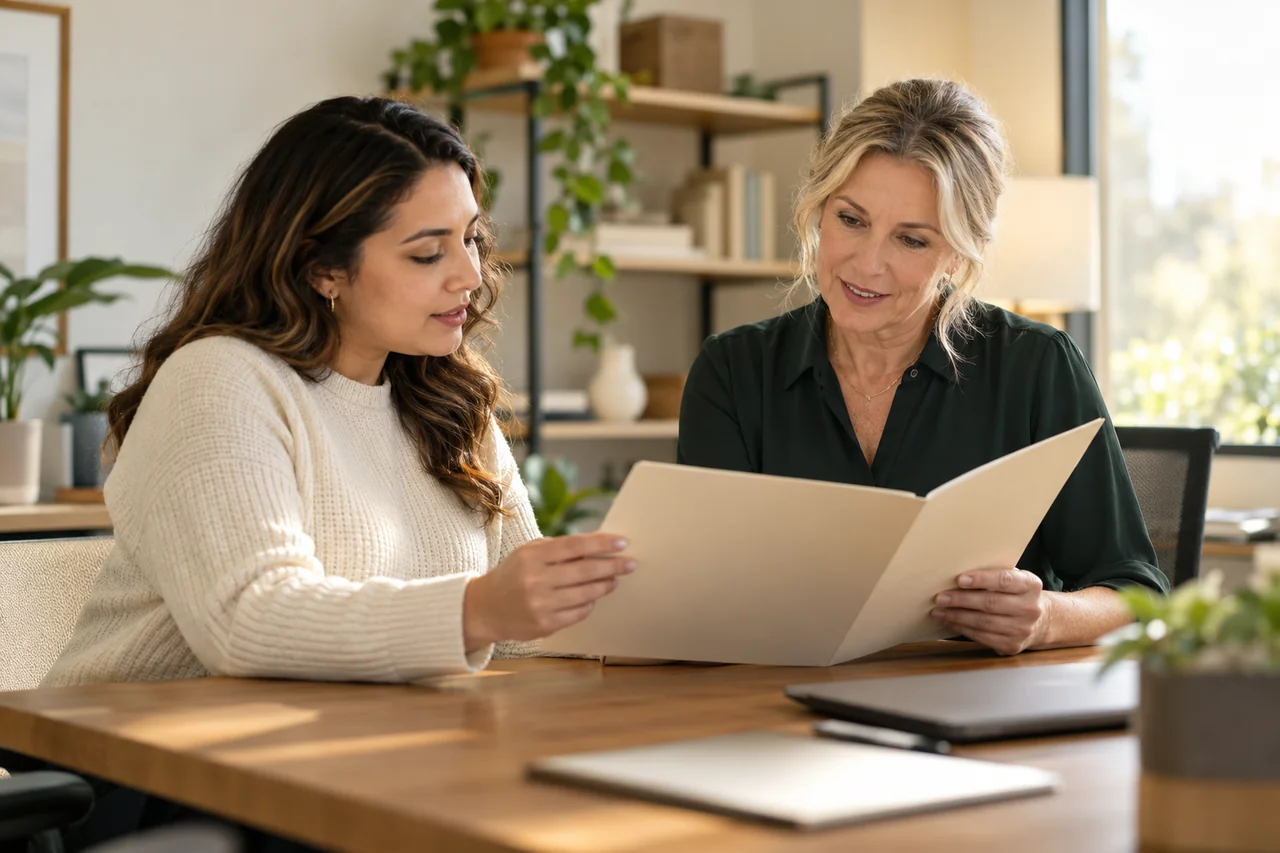 Two admissions and referral staff members discuss a plain folder in a bright administrative office