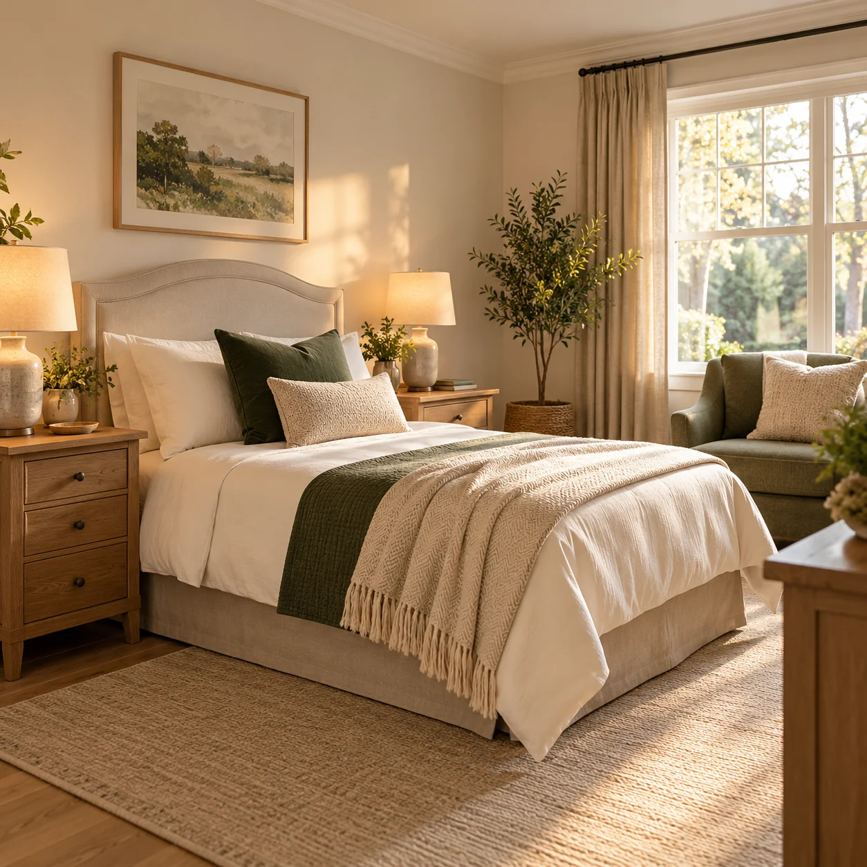 A move-in-ready senior living bedroom with a softly made bed, warm reading light, oak bedside tables and a folded cream throw