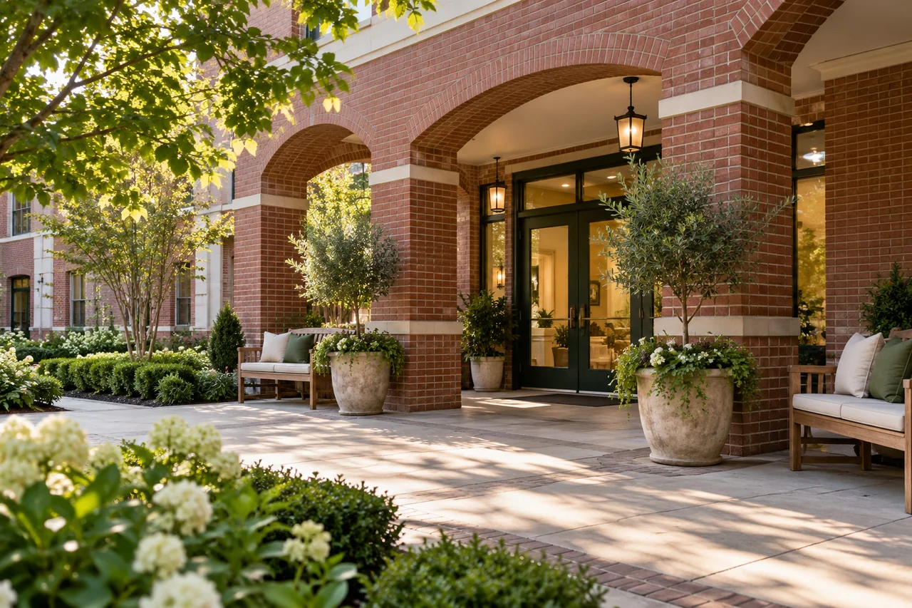 A senior living courtyard entrance with red brick arches, benches and large potted trees in soft afternoon light