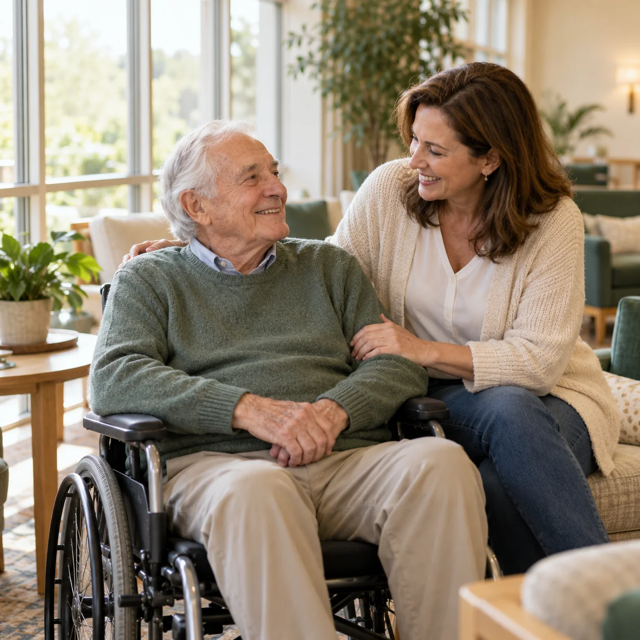 An older man seated in a wheelchair smiles with his adult daughter beside a sunlit community lounge window